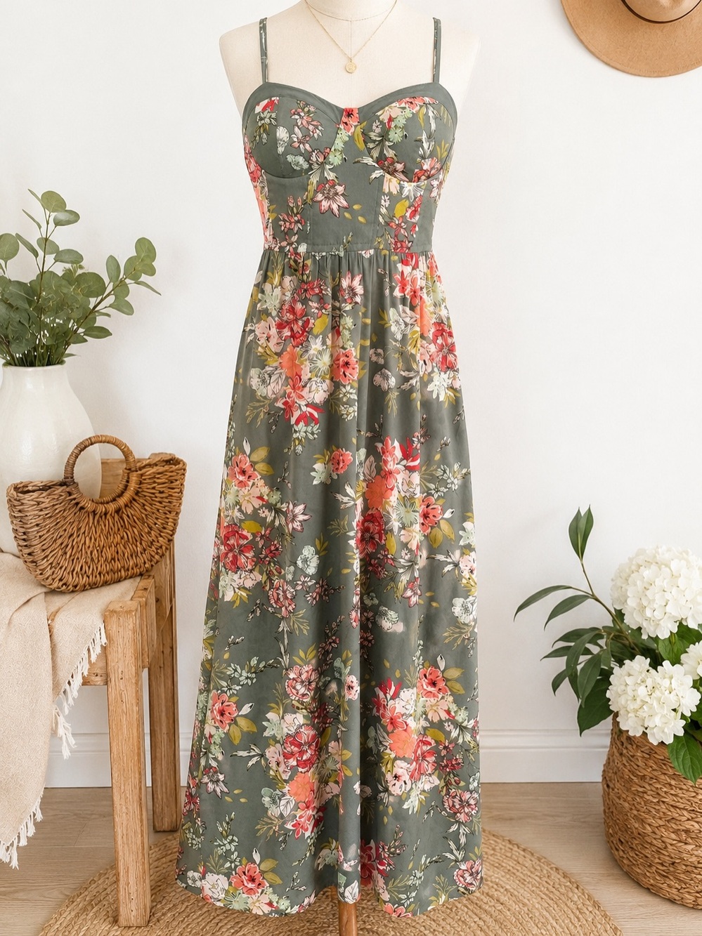 B.O.G. Collective Floral Midi Dress | Bustier Bodice | Sage Green | Size Medium